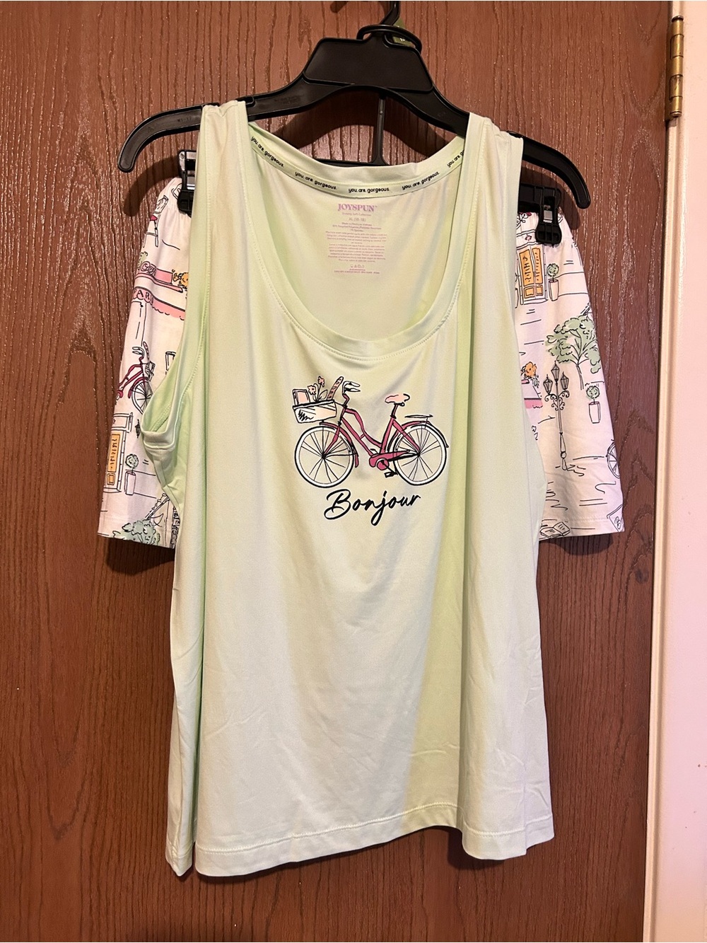 Women’s Light Green 'Bonjour' Bicycle Graphic Tank Top and boxers pj set XL